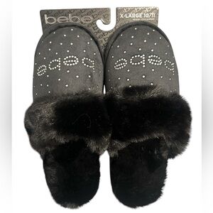 Bebe Black Fur Memory Foam Comfort Rhinestone Slippers Women’s Size XL-10/11